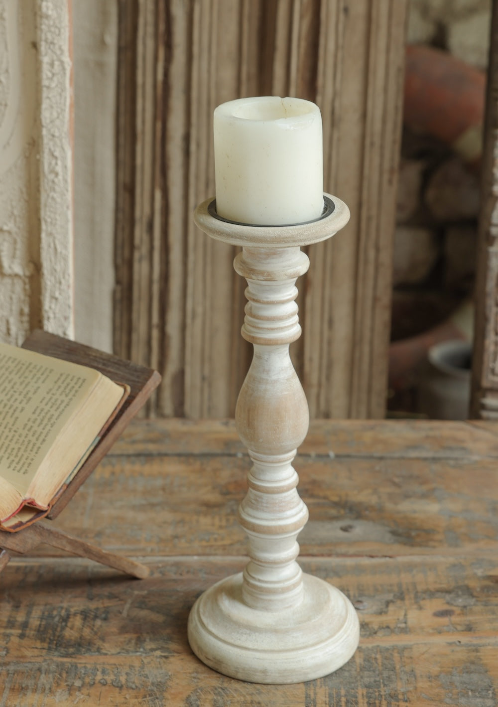 Ekaurr Whitewashed Wooden Candle Stand crafted from reclaimed wood with white patina finish, rustic vintage candle holder with natural cracks and aged character