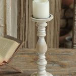 Ekaurr Whitewashed Wooden Candle Stand crafted from reclaimed wood with white patina finish, rustic vintage candle holder with natural cracks and aged character