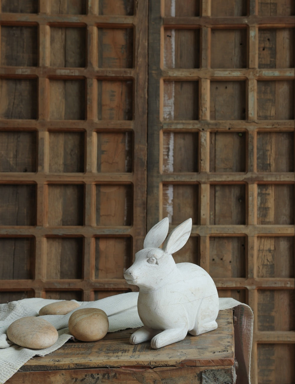 Ekaurr Whitewashed Wooden Rabbit handcrafted reclaimed wood rabbit figurine with a soft whitewashed finish, rustic artisan animal home decor for shelves gifting and seasonal styling