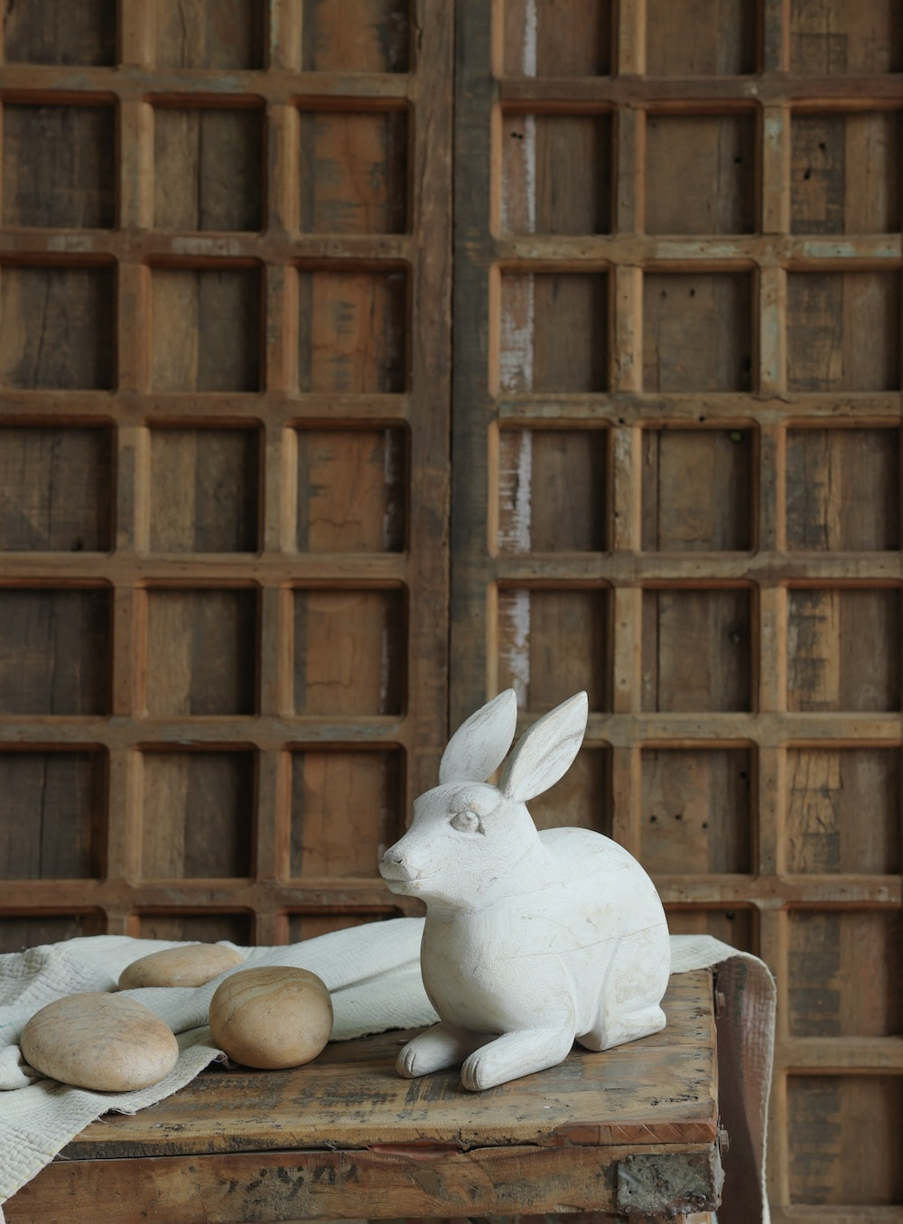 Ekaurr Whitewashed Wooden Rabbit handcrafted reclaimed wood rabbit figurine with a soft whitewashed finish, rustic artisan animal home decor for shelves gifting and seasonal styling