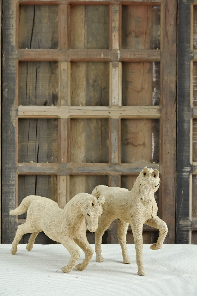 Ekaurr Wild Gallop set of 2 handcrafted jute horse sculptures in dynamic galloping pose, earthy natural fibre animal figurine pair for home decor consoles and shelves