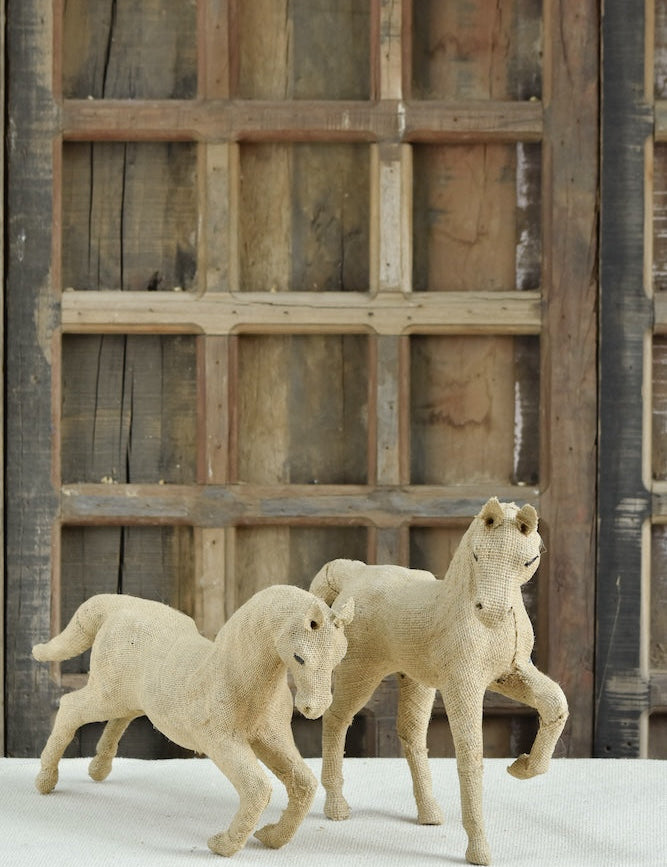 Ekaurr Wild Gallop set of 2 handcrafted jute horse sculptures in dynamic galloping pose, earthy natural fibre animal figurine pair for home decor consoles and shelves