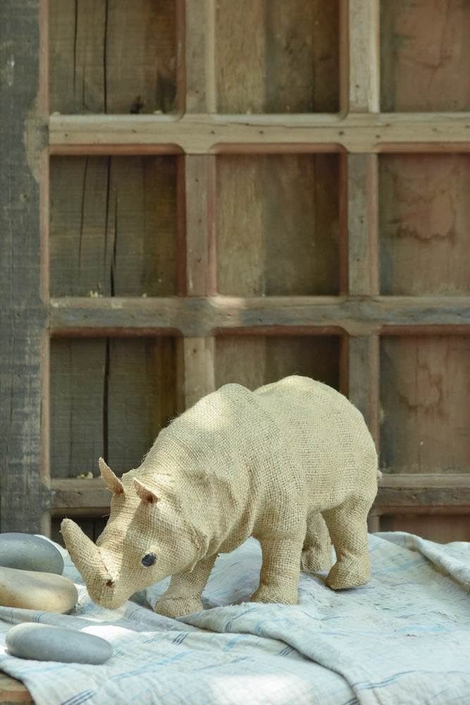 Ekaurr Wild Rhino handcrafted jute sculpture of a powerful rhino in a sturdy standing pose, earthy natural fibre wildlife figurine for home decor shelves and nature-inspired styling