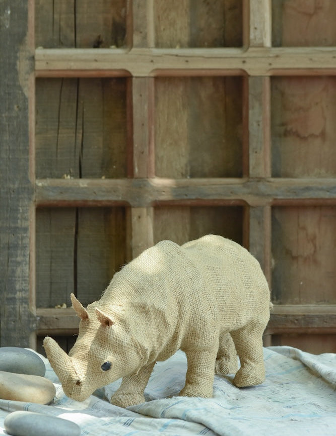 Ekaurr Wild Rhino handcrafted jute sculpture of a powerful rhino in a sturdy standing pose, earthy natural fibre wildlife figurine for home decor shelves and nature-inspired styling