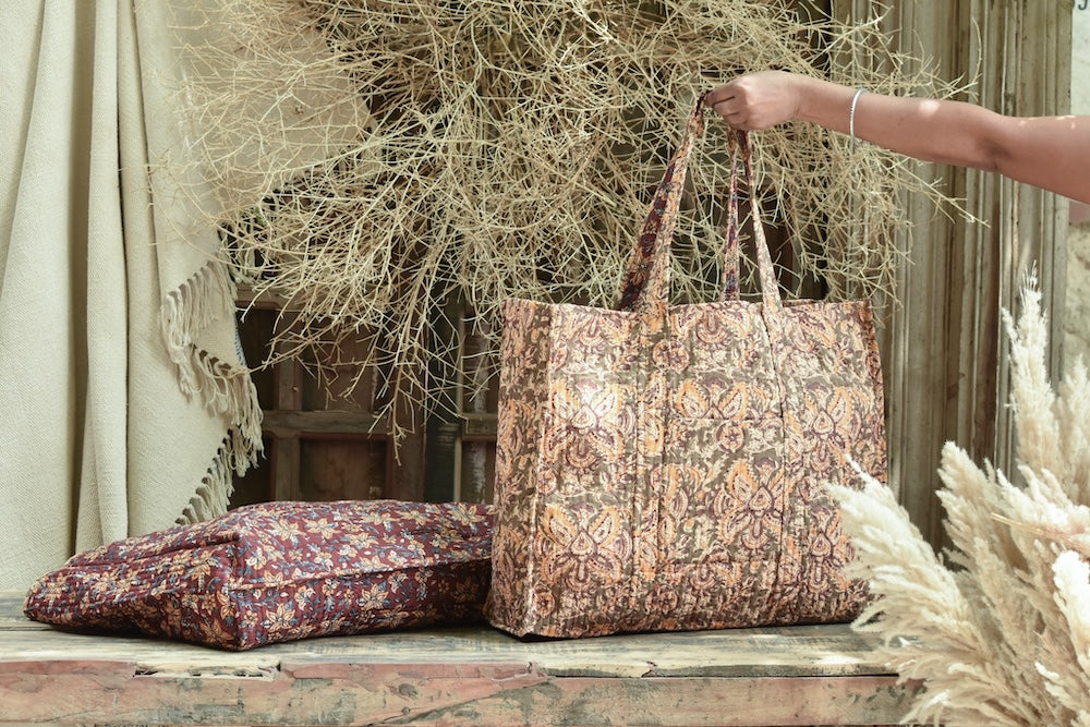 Ekaurr Wildflower Way Tote Bag handcrafted block-printed or quilted cotton tote with a wildflower botanical print in fresh earthy tones, artisan Indian textile bag for everyday use and nature-inspired conscious styling
