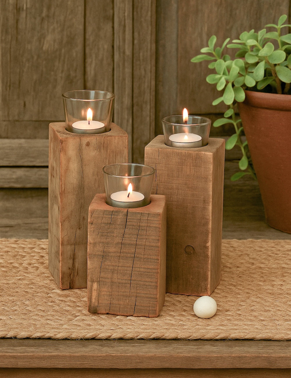 Ekaurr Wooden Block Tea Light Holder set of 3 cuboidal reclaimed wood holders in small, medium and large sizes with glass cup inserts, sustainable candle décor