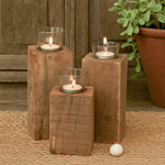 Ekaurr Wooden Block Tea Light Holder set of 3 cuboidal reclaimed wood holders in small, medium and large sizes with glass cup inserts, sustainable candle décor