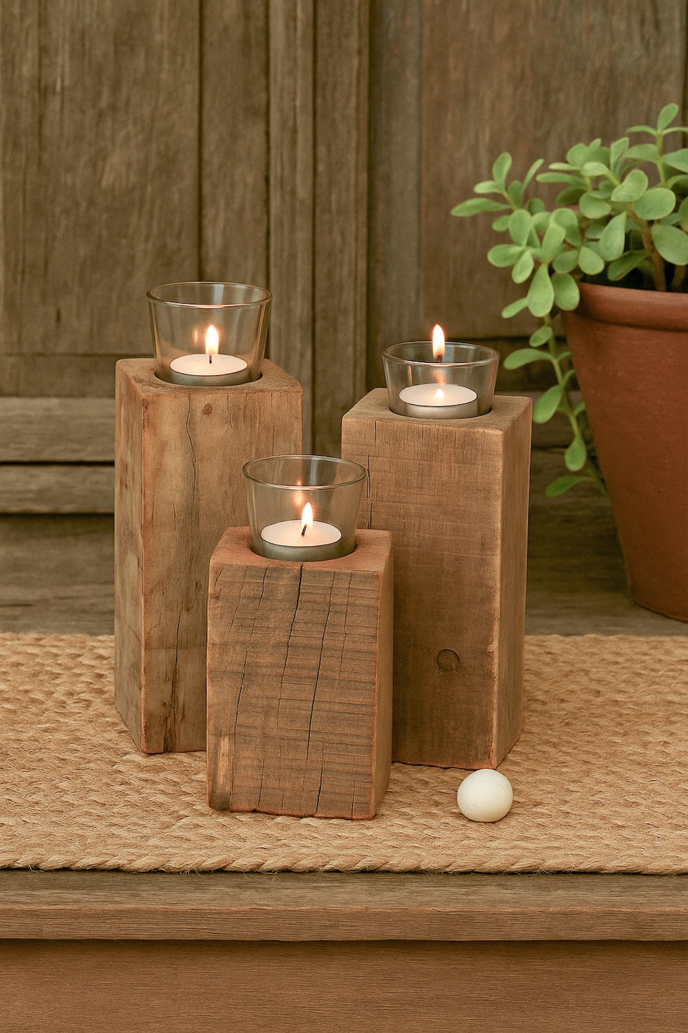 Ekaurr Wooden Block Tea Light Holder set of 3 cuboidal reclaimed wood holders in small, medium and large sizes with glass cup inserts, sustainable candle décor