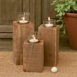 Ekaurr Wooden Block Tea Light Holder set of 3 cuboidal reclaimed wood holders in small, medium and large sizes with glass cup inserts, sustainable candle décor