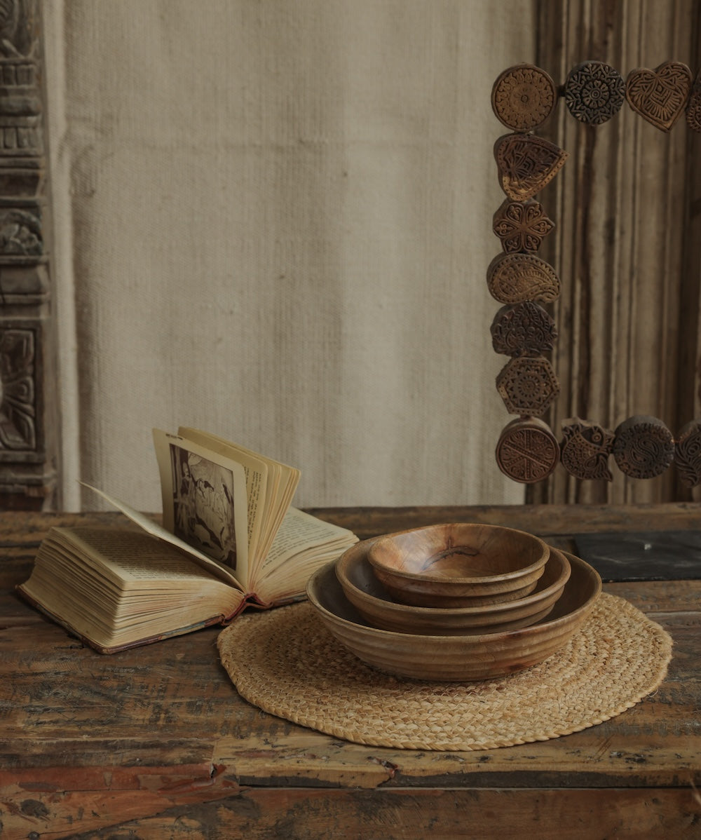 Ekaurr Wooden Bowls with Stripes Design overhead view showing three nesting sizes with hand-turned striped bands and natural wood finish