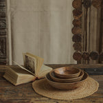 Ekaurr Wooden Bowls with Stripes Design overhead view showing three nesting sizes with hand-turned striped bands and natural wood finish