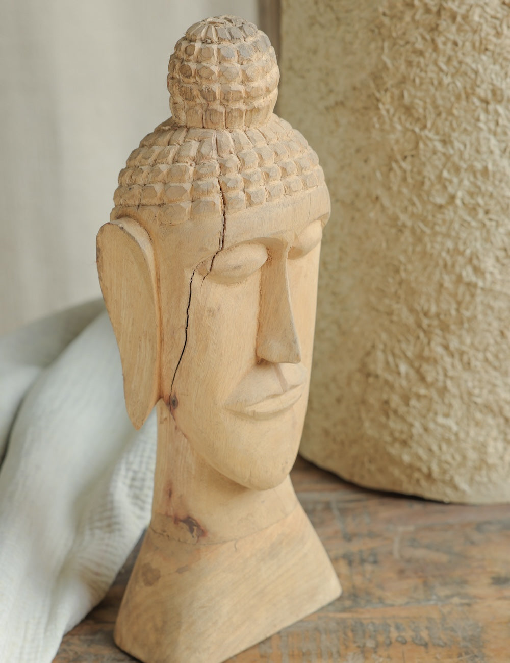 Ekaurr Wooden Buddha Decor angled view showing carved form and reclaimed wood texture detail