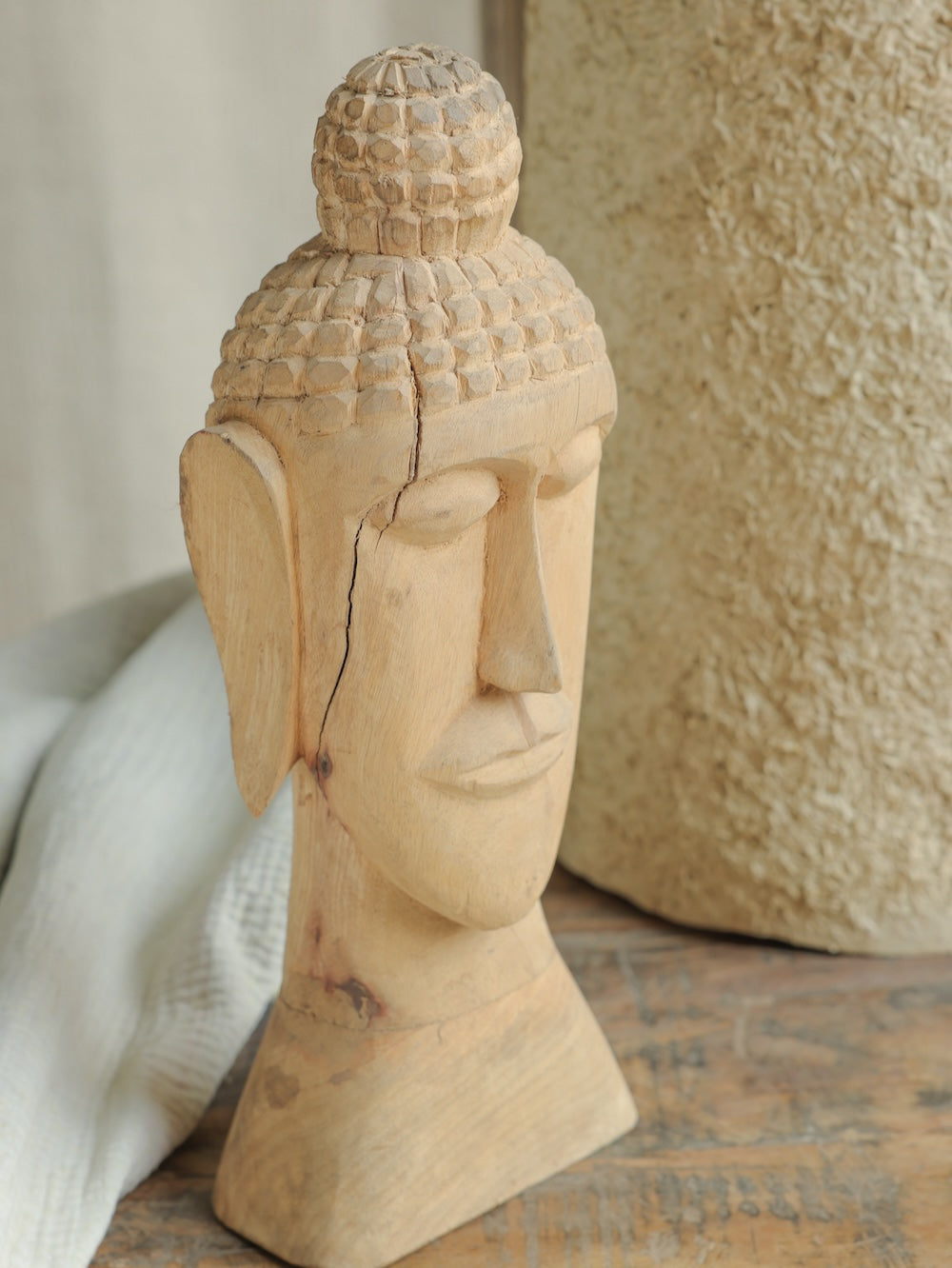 Ekaurr Wooden Buddha Decor angled view showing carved form and reclaimed wood texture detail