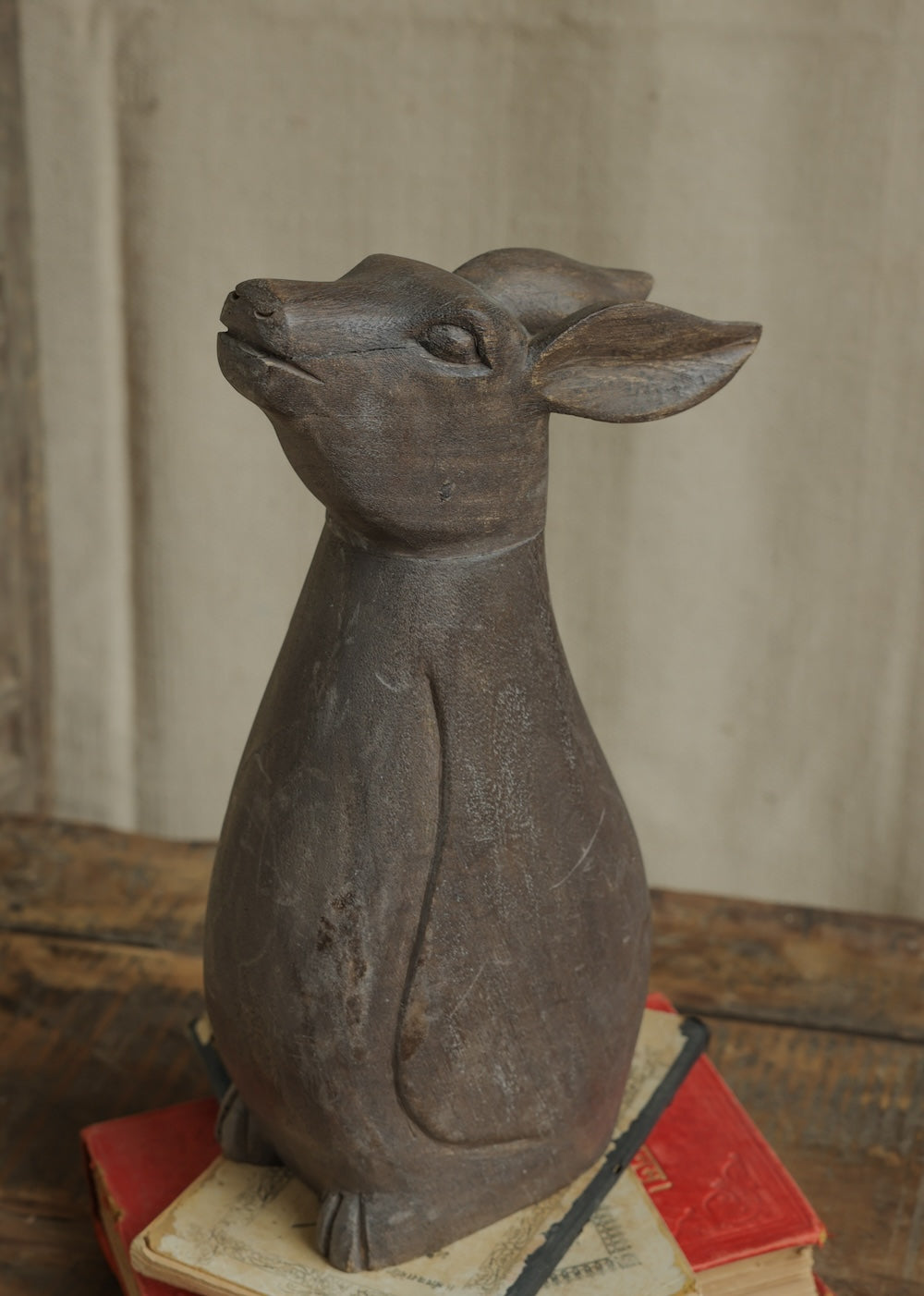 Ekaurr Wooden Bunny handcrafted reclaimed wood rabbit figurine in a natural earthy finish, rustic artisan animal home decor accent for shelves gifting and Easter-inspired styling