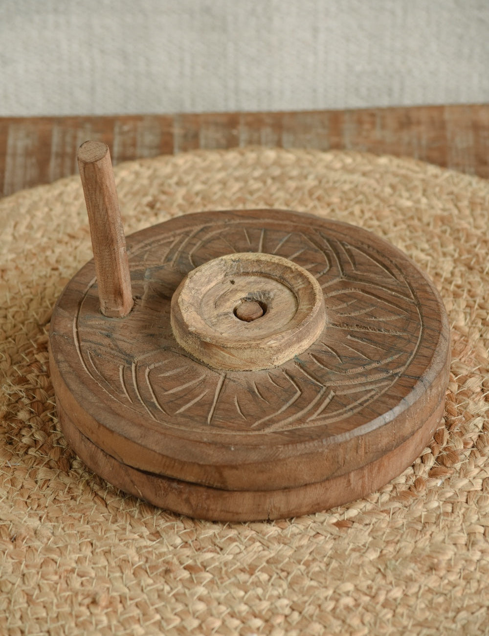 Ekaurr Wooden Chakki Decor vintage wooden hand mill chakki repurposed as a rustic heritage decorative accent, found object artisan piece for shelves consoles and traditional-inspired home styling