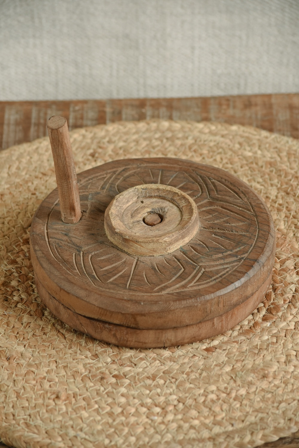 Ekaurr Wooden Chakki Decor vintage wooden hand mill chakki repurposed as a rustic heritage decorative accent, found object artisan piece for shelves consoles and traditional-inspired home styling