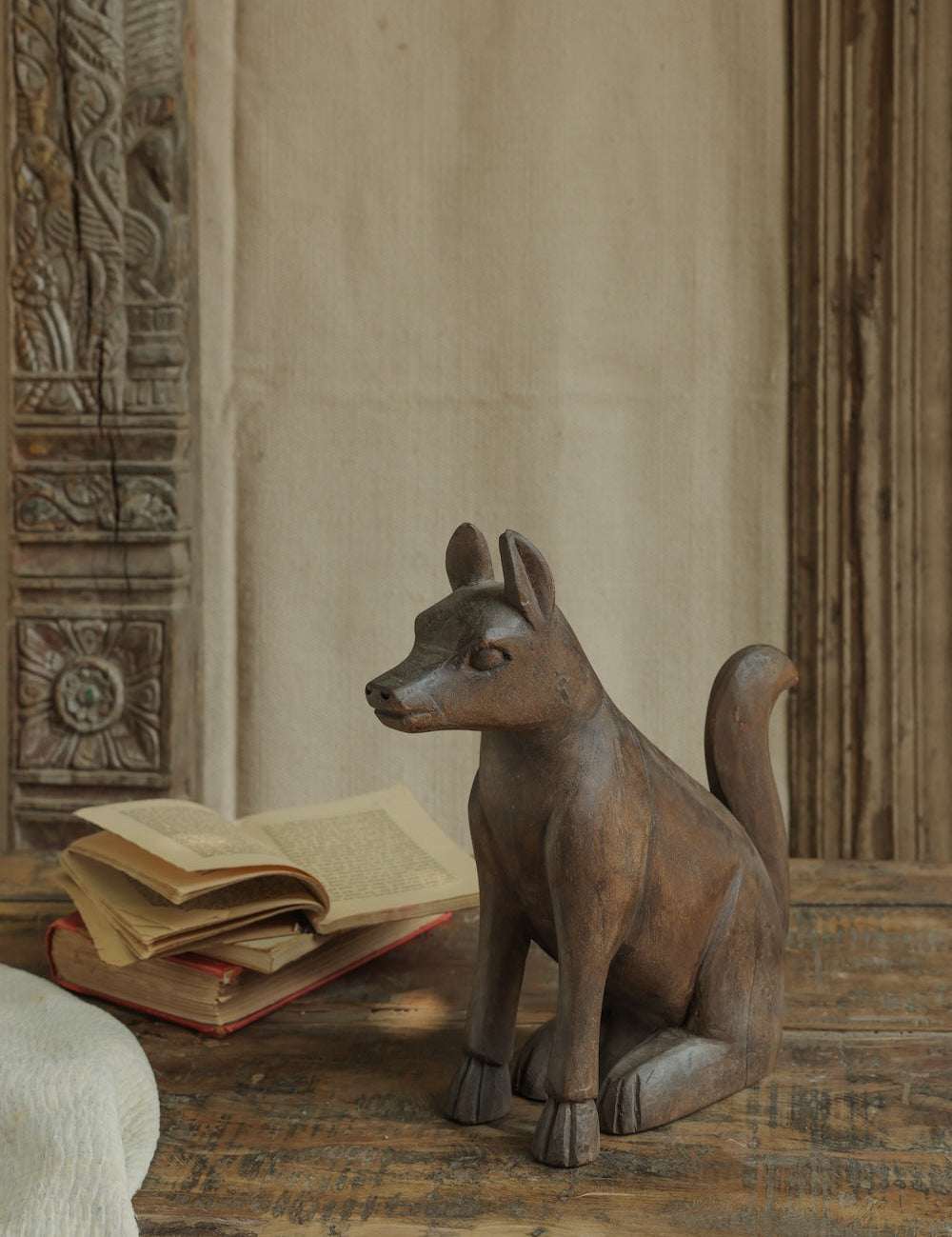 Ekaurr Wooden Dog handcrafted reclaimed wood dog figurine in a natural rustic finish, artisan animal home decor accent for shelves consoles and eclectic interior styling