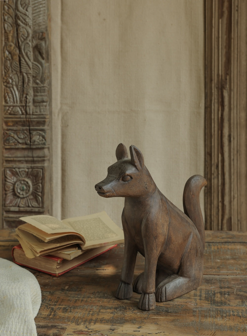 Ekaurr Wooden Dog handcrafted reclaimed wood dog figurine in a natural rustic finish, artisan animal home decor accent for shelves consoles and eclectic interior styling