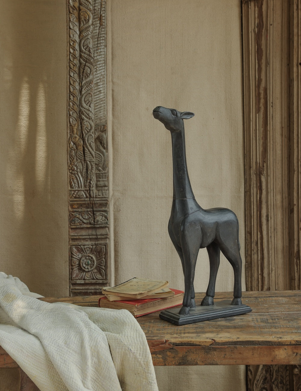 Ekaurr Wooden Giraffe in Black Finish handcrafted reclaimed wood giraffe figurine with deep matte black finish, contemporary artisan animal home decor for shelves and modern eclectic interiors