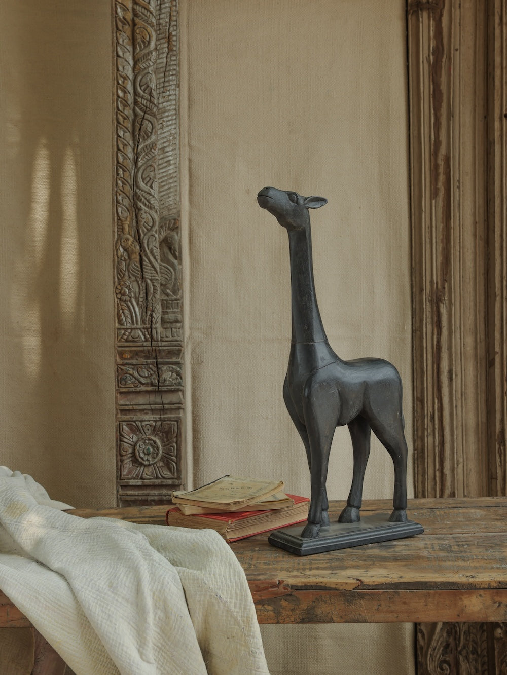 Ekaurr Wooden Giraffe in Black Finish handcrafted reclaimed wood giraffe figurine with deep matte black finish, contemporary artisan animal home decor for shelves and modern eclectic interiors