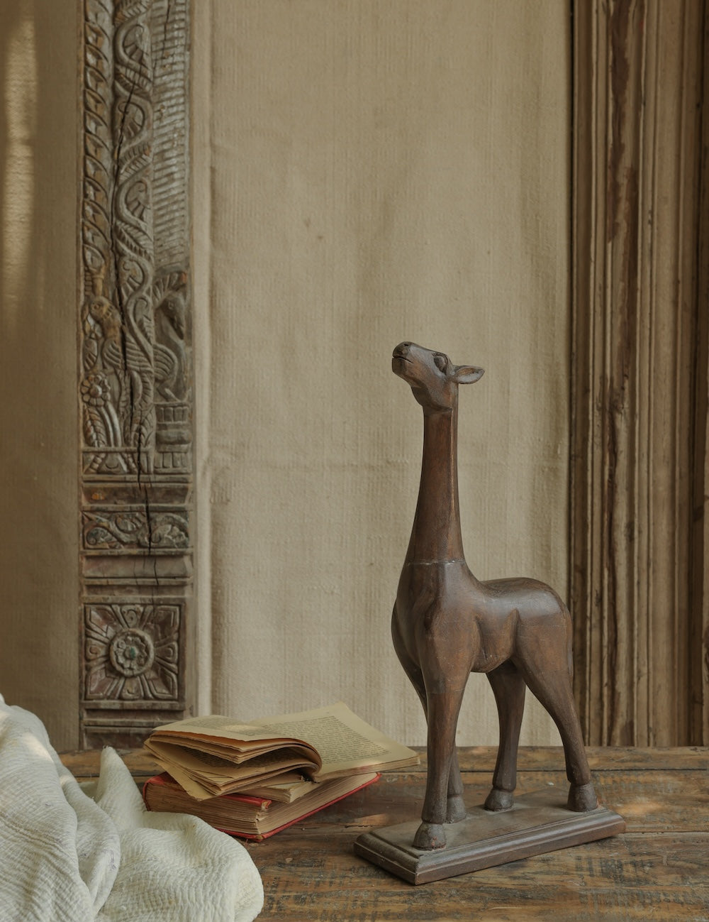 Ekaurr Wooden Giraffe in Brown Finish handcrafted reclaimed wood giraffe figurine with warm brown natural finish, rustic artisan animal home decor for shelves and nature-inspired styling