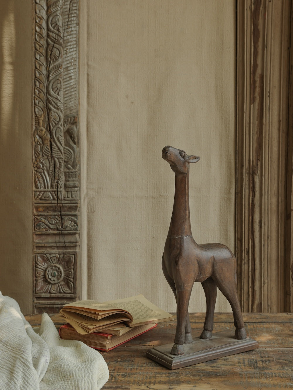 Ekaurr Wooden Giraffe in Brown Finish handcrafted reclaimed wood giraffe figurine with warm brown natural finish, rustic artisan animal home decor for shelves and nature-inspired styling