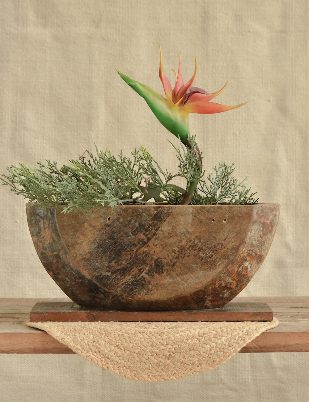 Ekaurr Wooden Planter Decorative angled view showing full carved frame profile and weathered wood finish