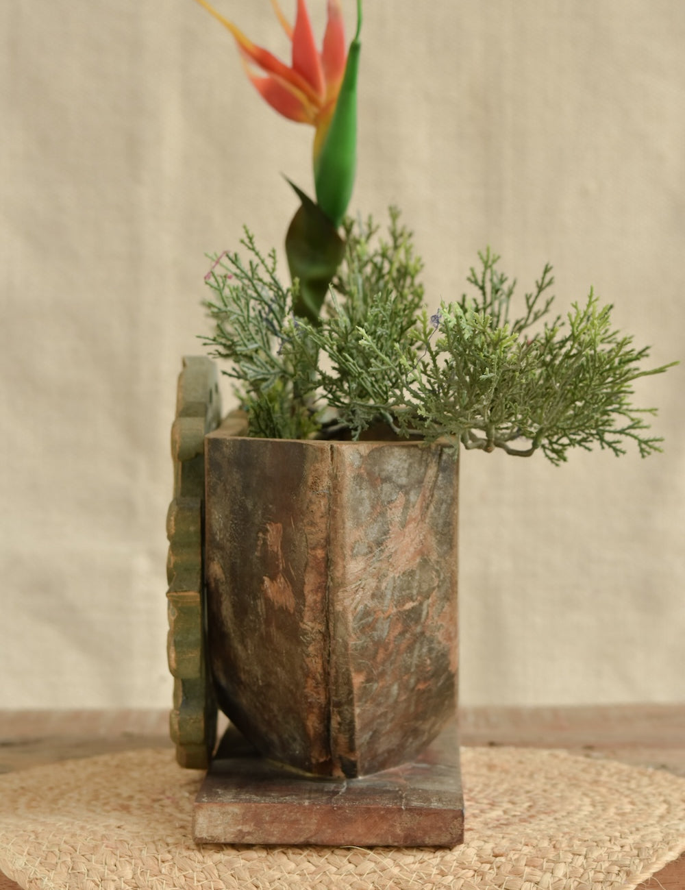 Ekaurr Wooden Planter Decorative front view showing the hand-carved decorative panel and reclaimed wood surface texture