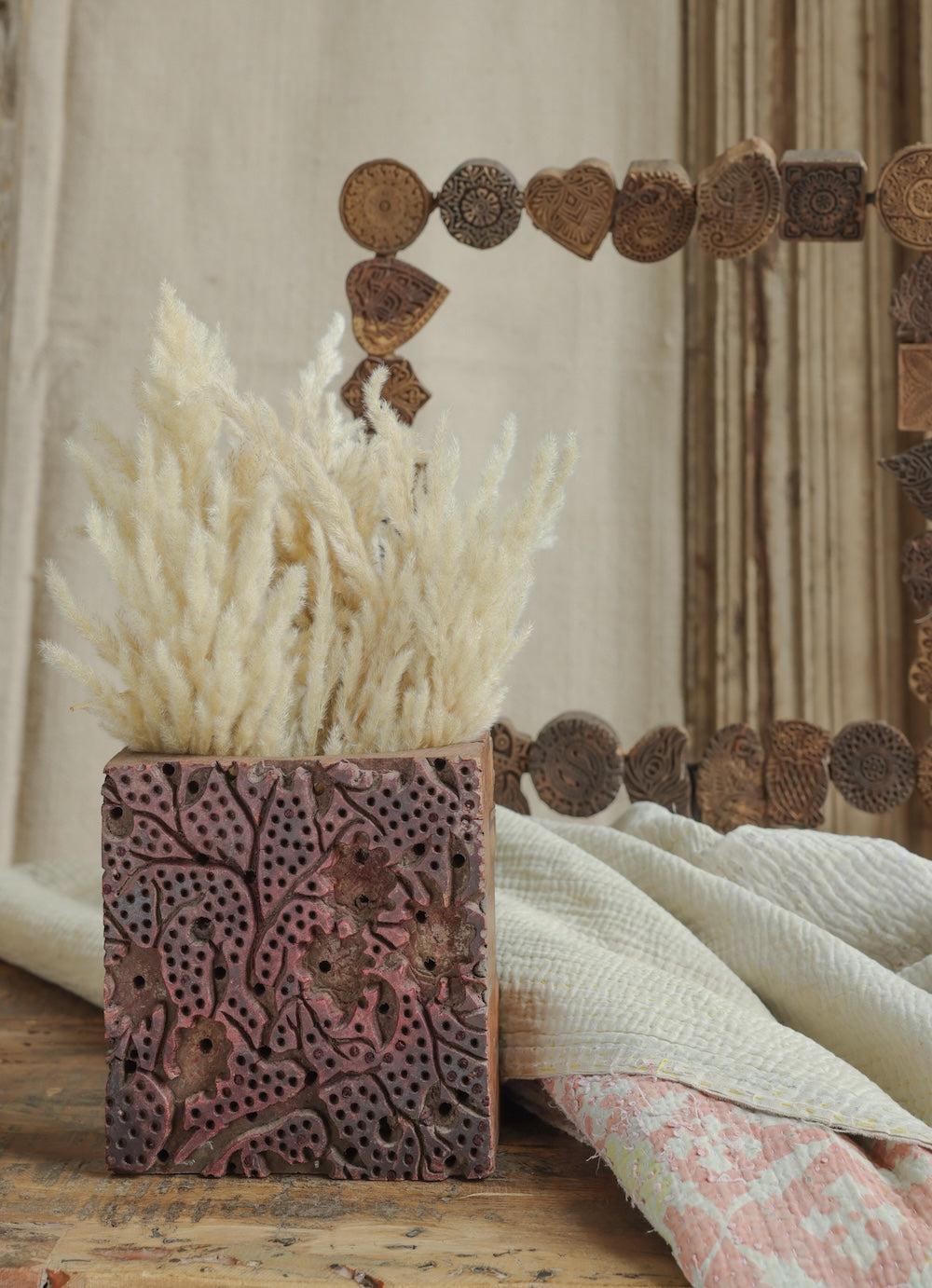 Ekaurr Wooden Print Block Planter in Brown Finish Large repurposed vintage hand-carved Indian printing block with natural patina as table planter or pen stand