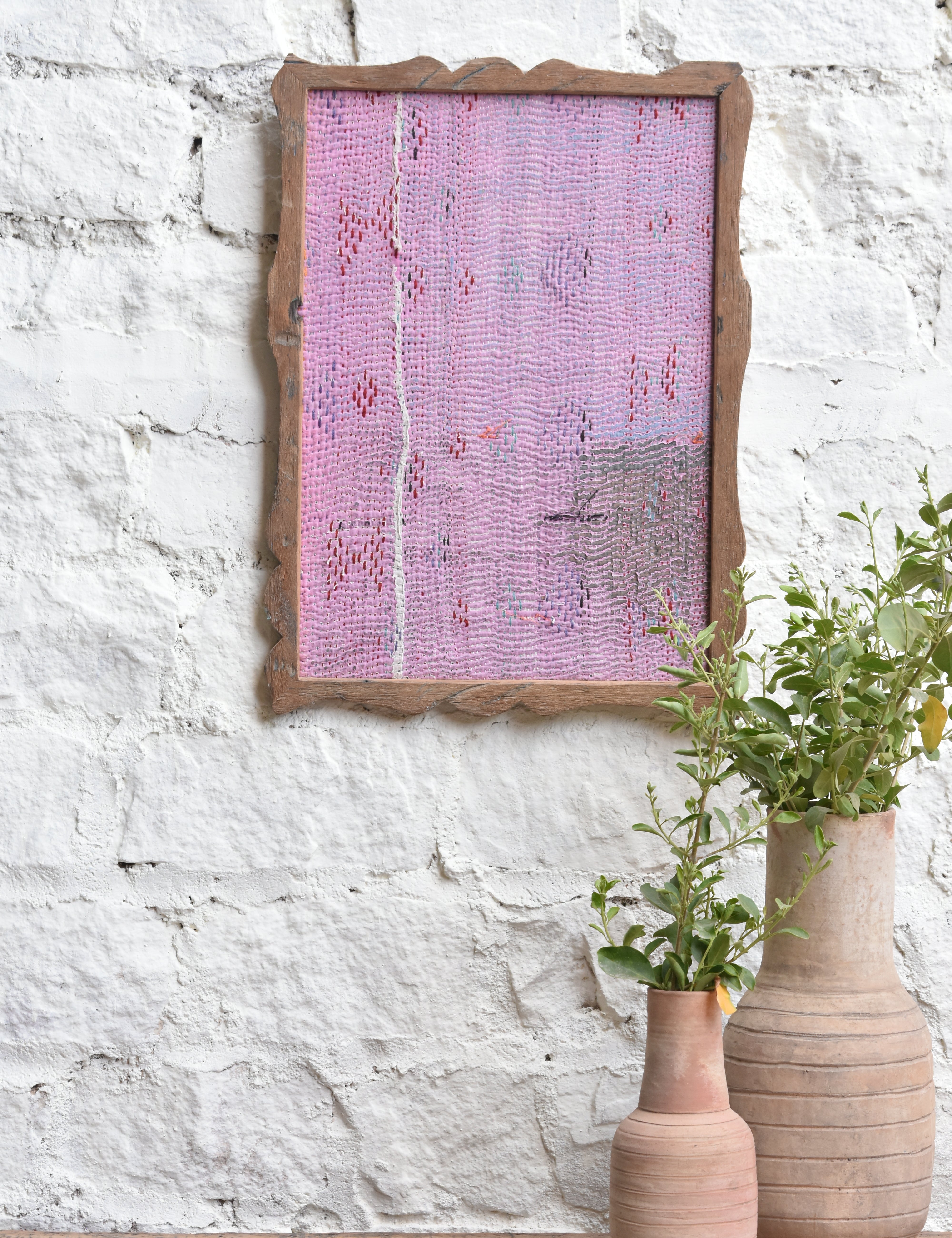 Ekaurr Woven Echoes Kantha Wall Art handcrafted kantha textile wall hanging with layered woven fabric echo patterns in earthy and jewel tones, artisan Indian textile art for living rooms and eclectic wall decor