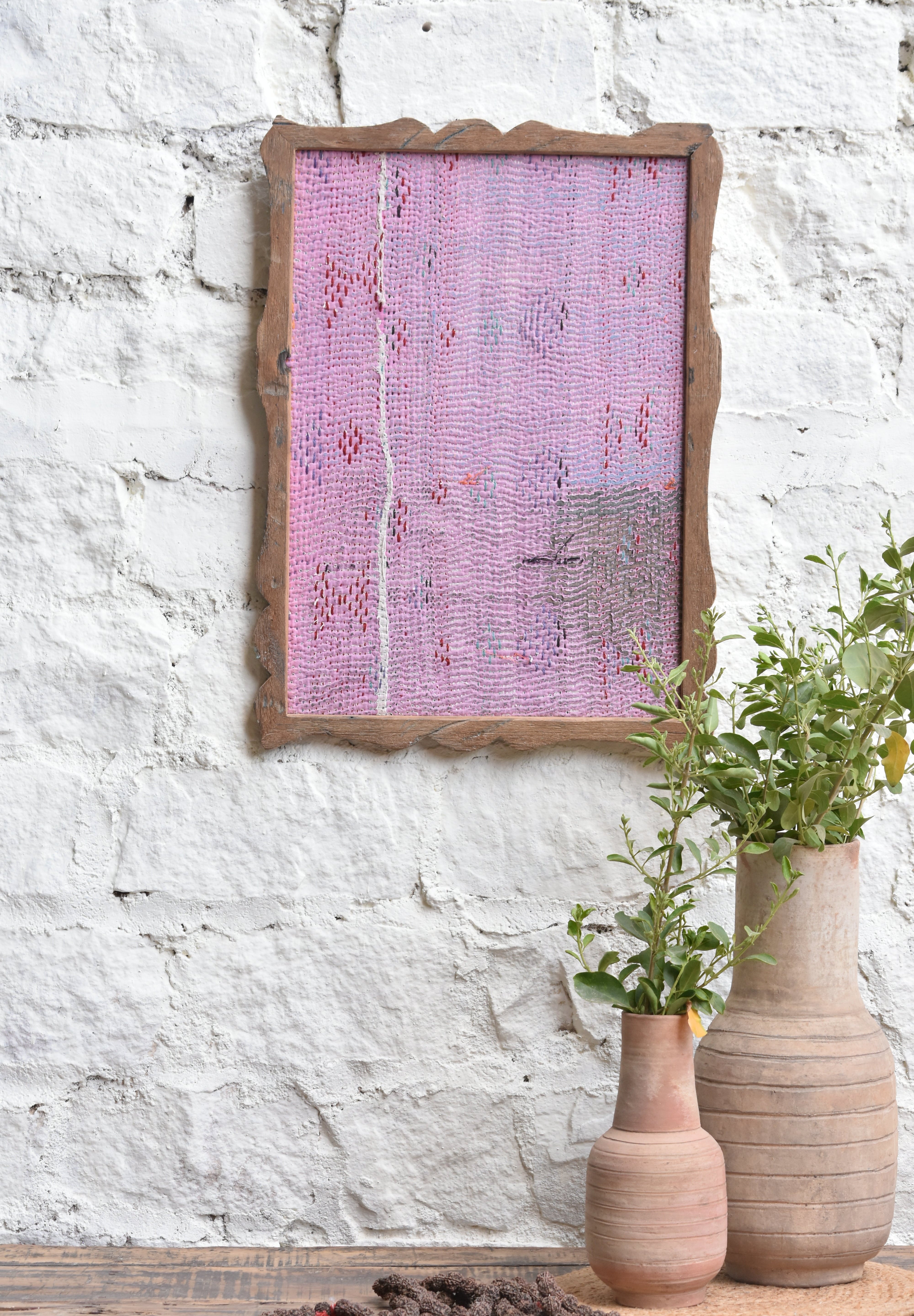 Ekaurr Woven Echoes Kantha Wall Art handcrafted kantha textile wall hanging with layered woven fabric echo patterns in earthy and jewel tones, artisan Indian textile art for living rooms and eclectic wall decor