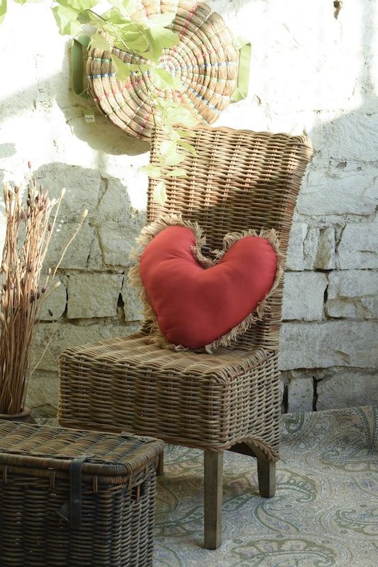 Ekaurr Wrapped in Love Handcrafted Heart Cushion heart-shaped cushion in warm fabric with a wrapped or layered textile composition made from upcycled materials, artisan gifting cushion for Valentine's Day and sentimental home decor