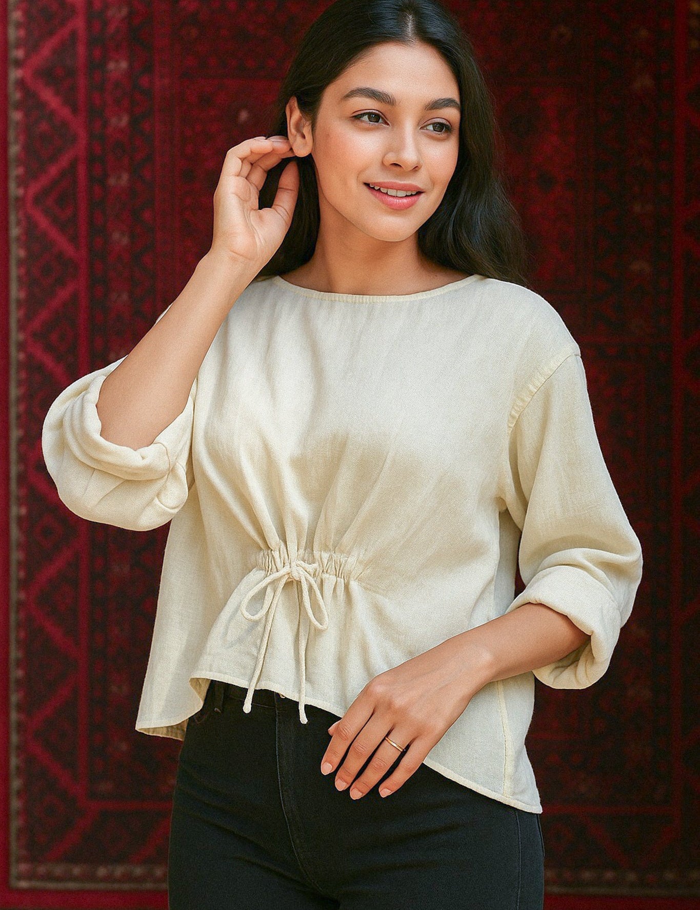 Ekaurr BIGDI Yellow Bow Cotton Top finest cotton summer top in cheerful warm yellow with a bow-tie neckline detail, artisan slow fashion top for women from the BIGDI summer pastel collection