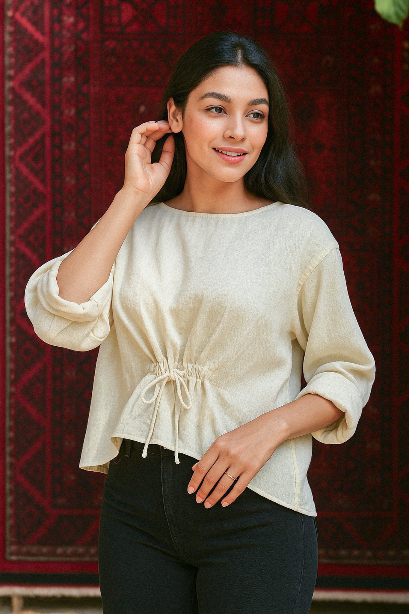 Ekaurr BIGDI Yellow Bow Cotton Top finest cotton summer top in cheerful warm yellow with a bow-tie neckline detail, artisan slow fashion top for women from the BIGDI summer pastel collection