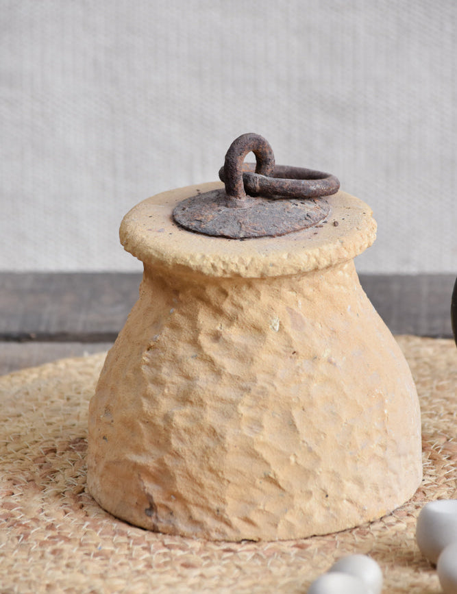 Ekaurr Yellow Stone Door Stopper hand-carved solid yellow stone with weathered metal ring, functional rustic decorative accent for farmhouse or eclectic interiors