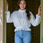 Ekaurr BIGDI Ziya Bow Cotton Top finest cotton summer top with a soft bow-tie neckline detail in a light pastel tone, artisan slow fashion top for women from the BIGDI summer pastel collection