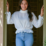 Ekaurr BIGDI Ziya Bow Cotton Top finest cotton summer top with a soft bow-tie neckline detail in a light pastel tone, artisan slow fashion top for women from the BIGDI summer pastel collection