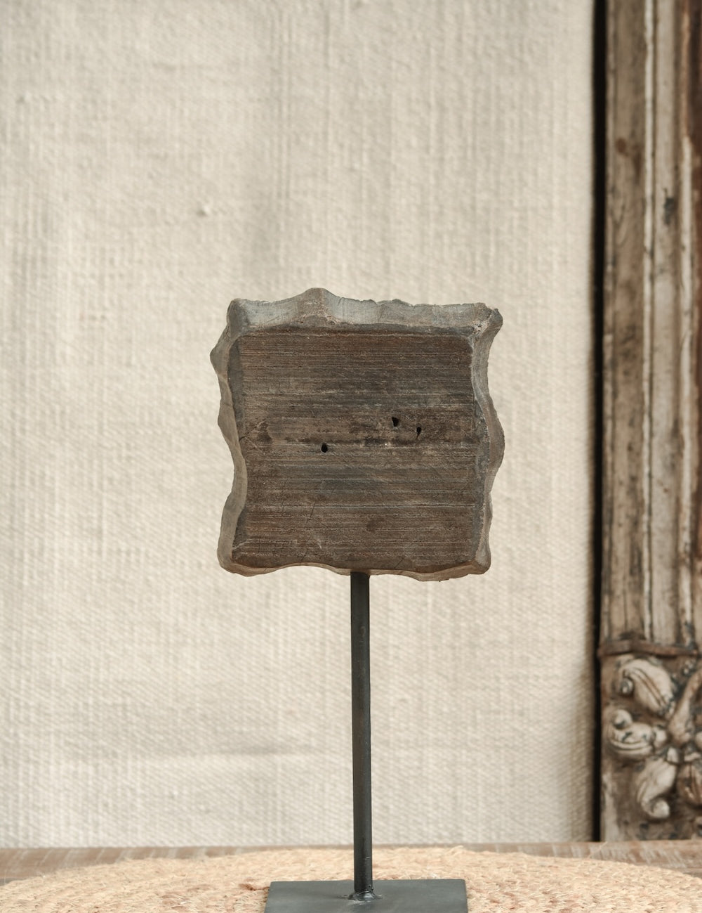 Fine Carving Print Block on Stand vintage wooden textile print block with intricate fine-carved motif mounted on an iron display stand, artisan craft heritage collectible for home decor