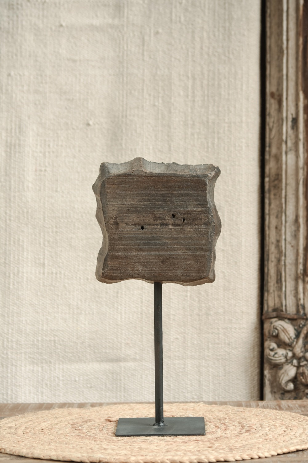 Fine Carving Print Block on Stand vintage wooden textile print block with intricate fine-carved motif mounted on an iron display stand, artisan craft heritage collectible for home decor