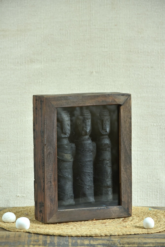 Ekaurr Framed Tribal Dolls Wall Decor handcrafted tribal doll figures mounted in a reclaimed wood frame available with three or five dolls, artisan folk art wall decor for living rooms and heritage-inspired home interiors
