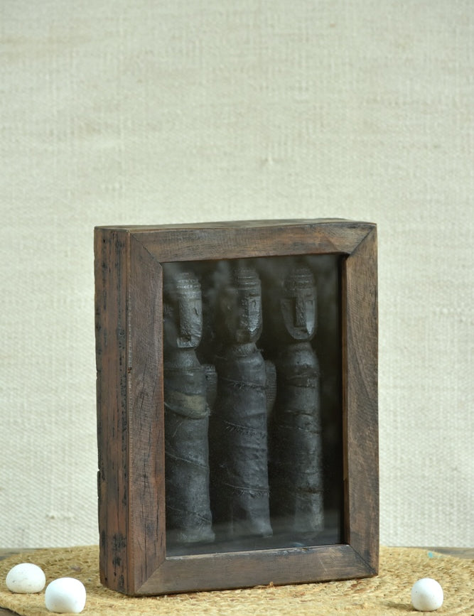 Ekaurr Framed Tribal Dolls Wall Decor handcrafted tribal doll figures mounted in a reclaimed wood frame available with three or five dolls, artisan folk art wall decor for living rooms and heritage-inspired home interiors