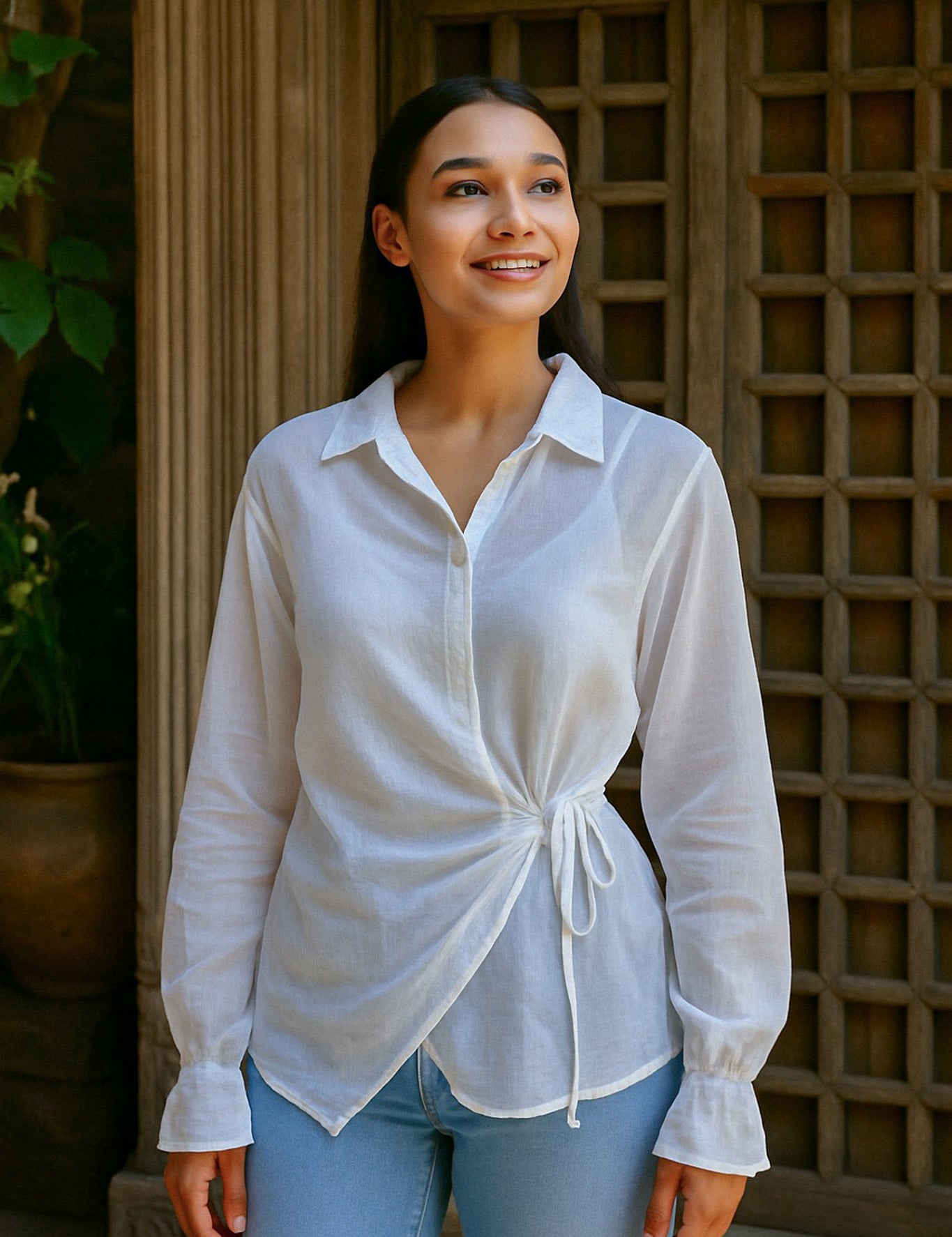 Ekaurr BIGDI Halka Knot Cotton Top lightweight finest cotton summer top with a knot-tie front detail in soft pastel tones, artisan slow fashion wearable for women from the BIGDI summer pastel collection