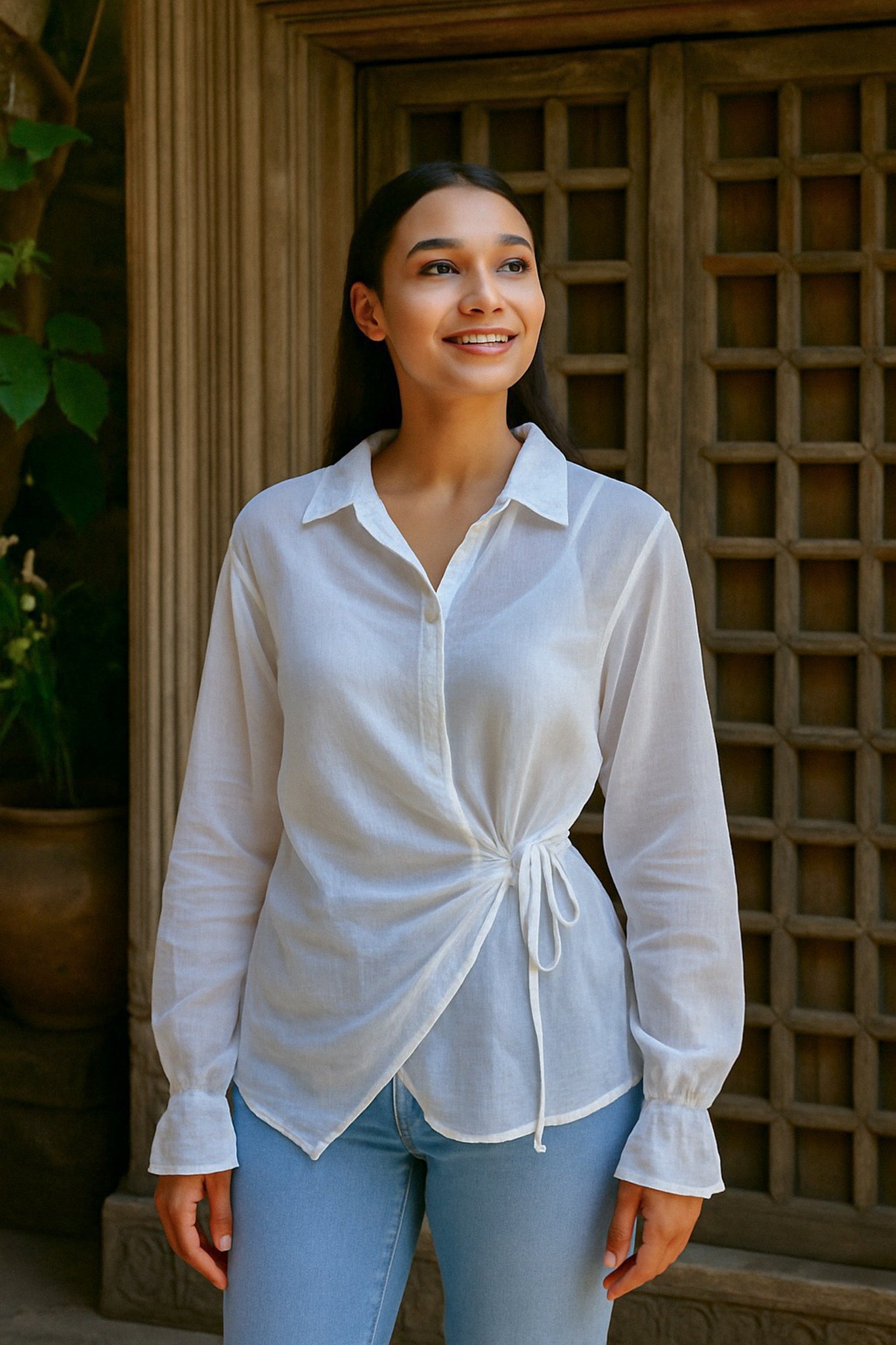 Ekaurr BIGDI Halka Knot Cotton Top lightweight finest cotton summer top with a knot-tie front detail in soft pastel tones, artisan slow fashion wearable for women from the BIGDI summer pastel collection