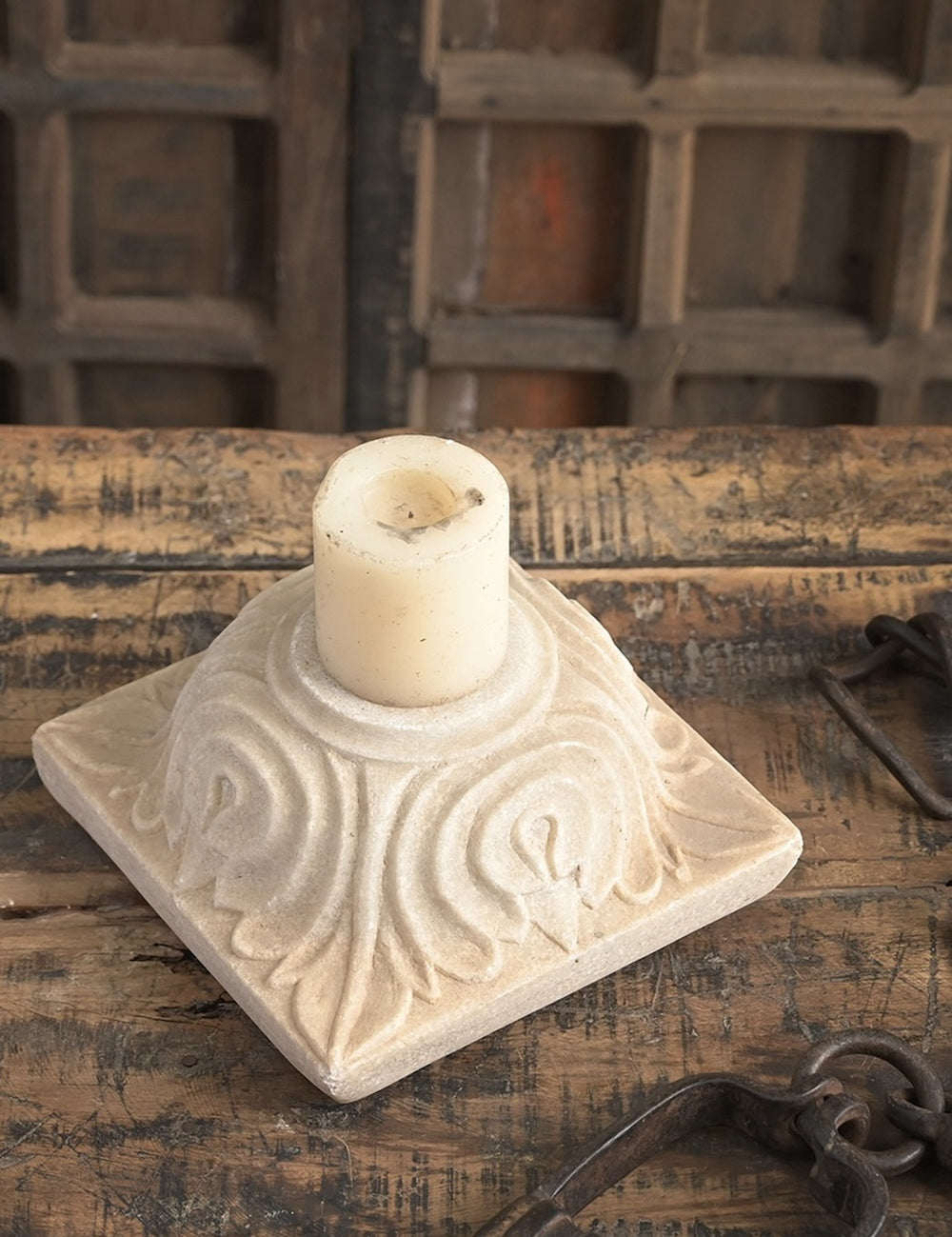 Ekaurr Hand Carved Marble Candle Holder solid natural marble with hand-chiselled surface relief carving, luxury artisan stone candle holder for dining tables altars and refined home decor