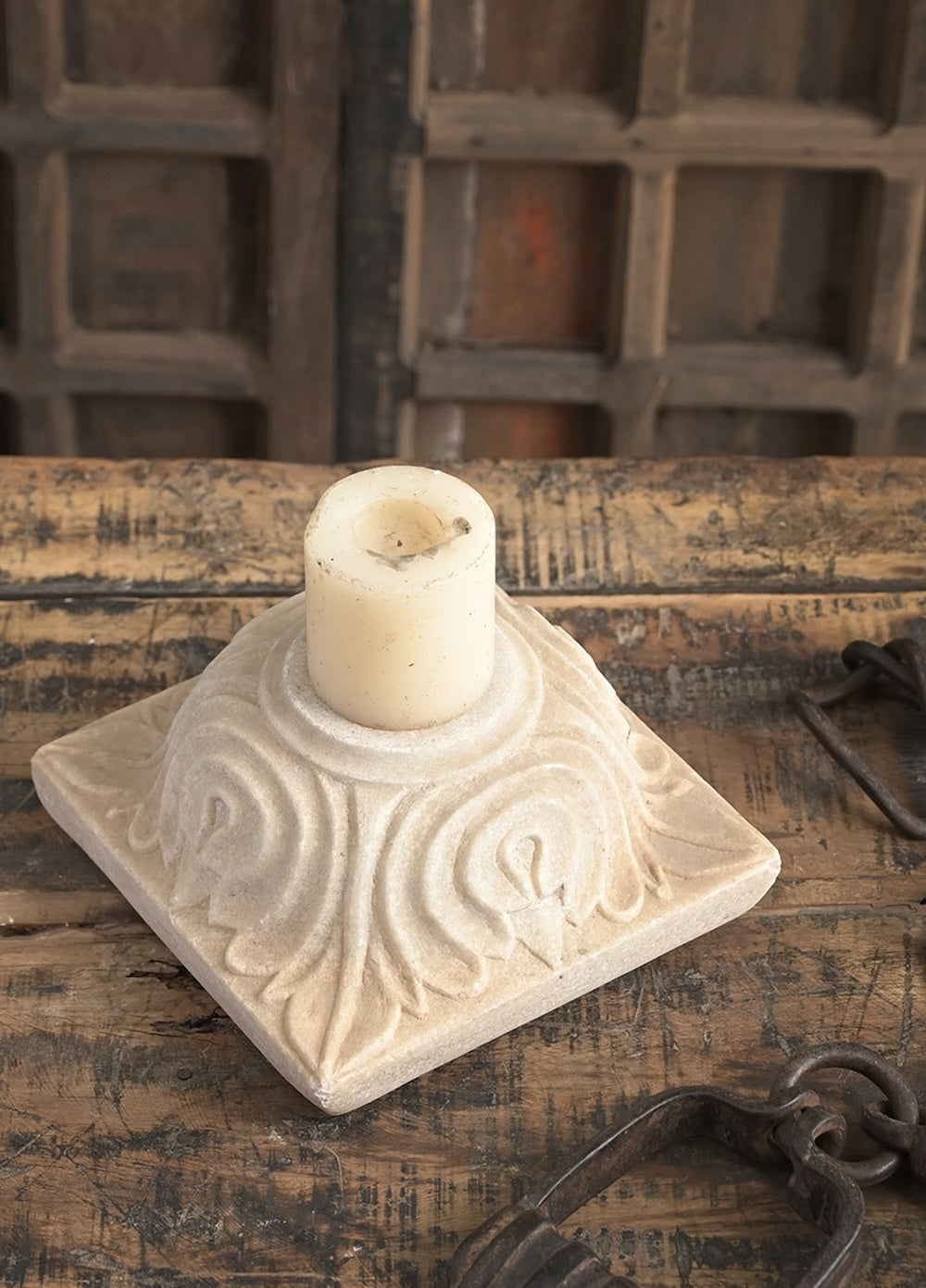 Ekaurr Hand Carved Marble Candle Holder solid natural marble with hand-chiselled surface relief carving, luxury artisan stone candle holder for dining tables altars and refined home decor