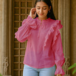 Ekaurr BIGDI Jasmine Frill Cotton Top finest cotton summer top with a jasmine-inspired cascading frill in soft white or cream pastel tones, artisan slow fashion top for women from the BIGDI summer collection