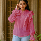 Ekaurr BIGDI Jasmine Frill Cotton Top finest cotton summer top with a jasmine-inspired cascading frill in soft white or cream pastel tones, artisan slow fashion top for women from the BIGDI summer collection