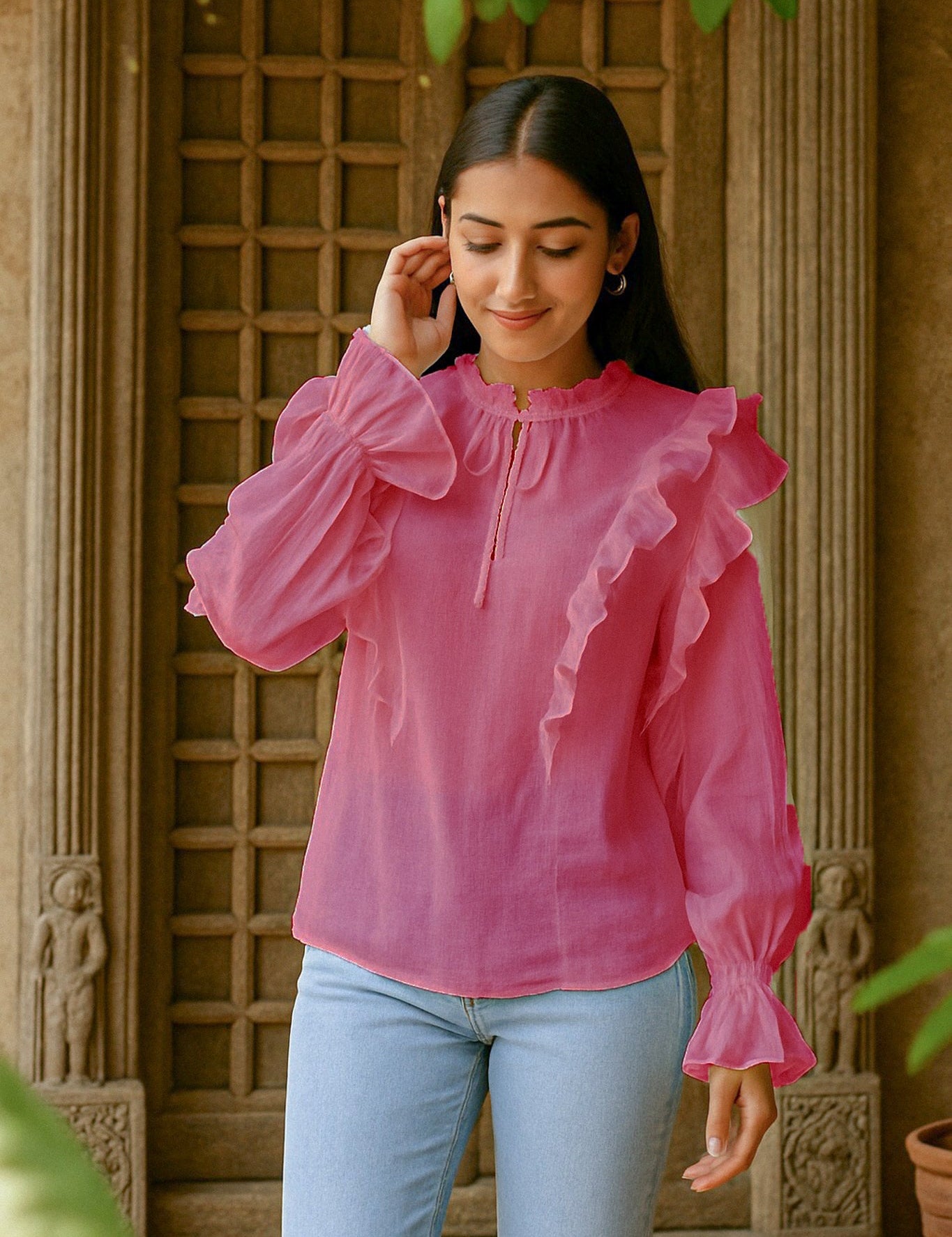 Ekaurr BIGDI Jasmine Frill Cotton Top finest cotton summer top with a jasmine-inspired cascading frill in soft white or cream pastel tones, artisan slow fashion top for women from the BIGDI summer collection