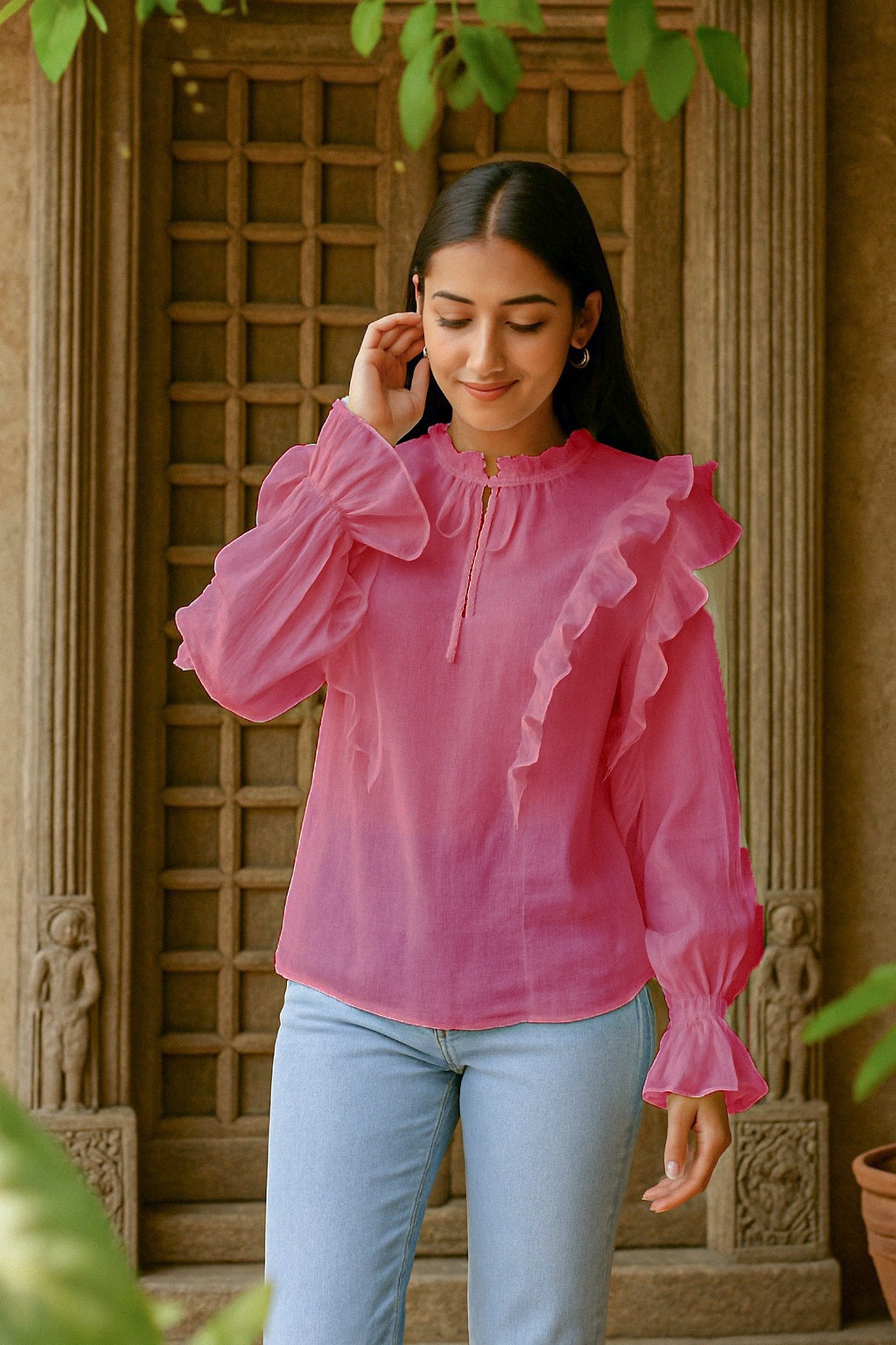 Ekaurr BIGDI Jasmine Frill Cotton Top finest cotton summer top with a jasmine-inspired cascading frill in soft white or cream pastel tones, artisan slow fashion top for women from the BIGDI summer collection