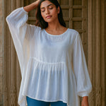 Ekaurr BIGDI Lina Cotton Top finest cotton summer top in a soft delicate pastel tone with a graceful relaxed silhouette, artisan slow fashion top for women from the BIGDI summer collection